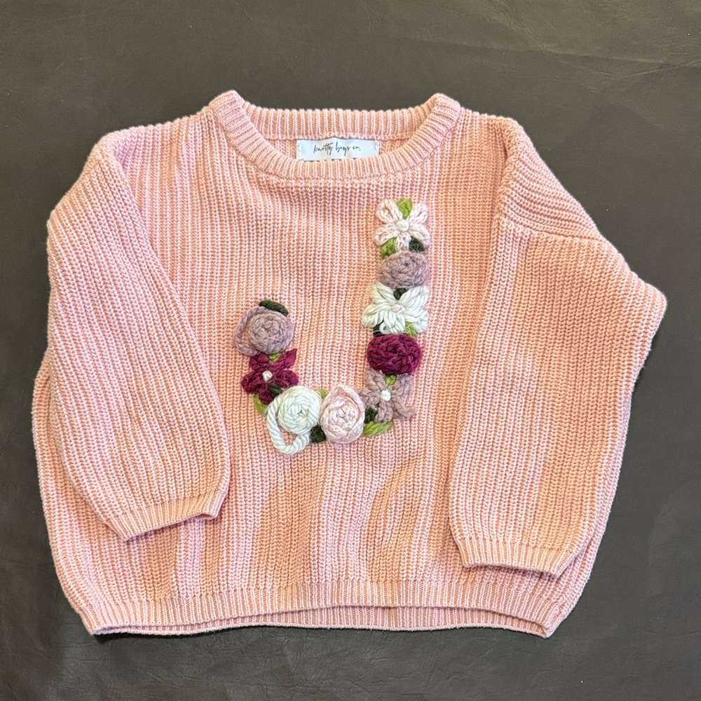 Embroidered “J” Floral Pink Knit Sweater
